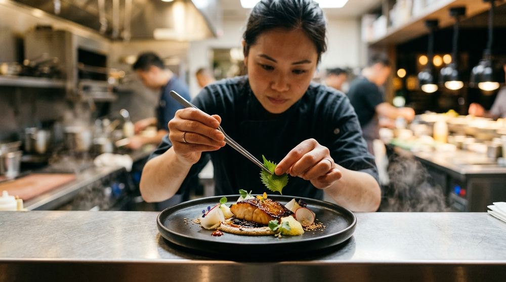 Chef plating a fine dining dish at a Michelin-level Singapore restaurant