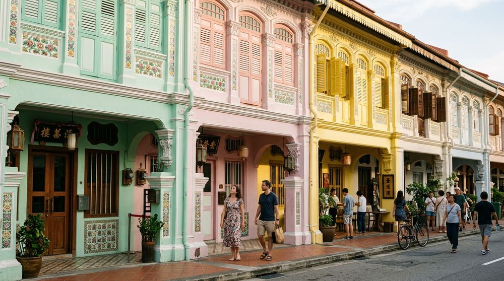 Restored Peranakan shophouses in Singapore with ornate pastel facades