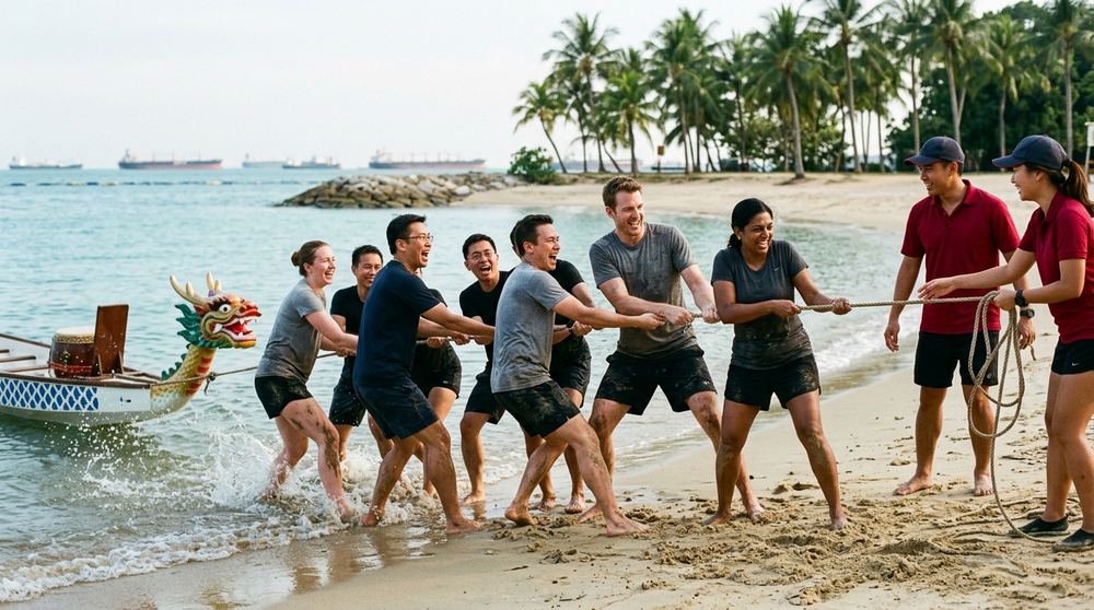 Corporate team building dragon boat activity on a Singapore beach