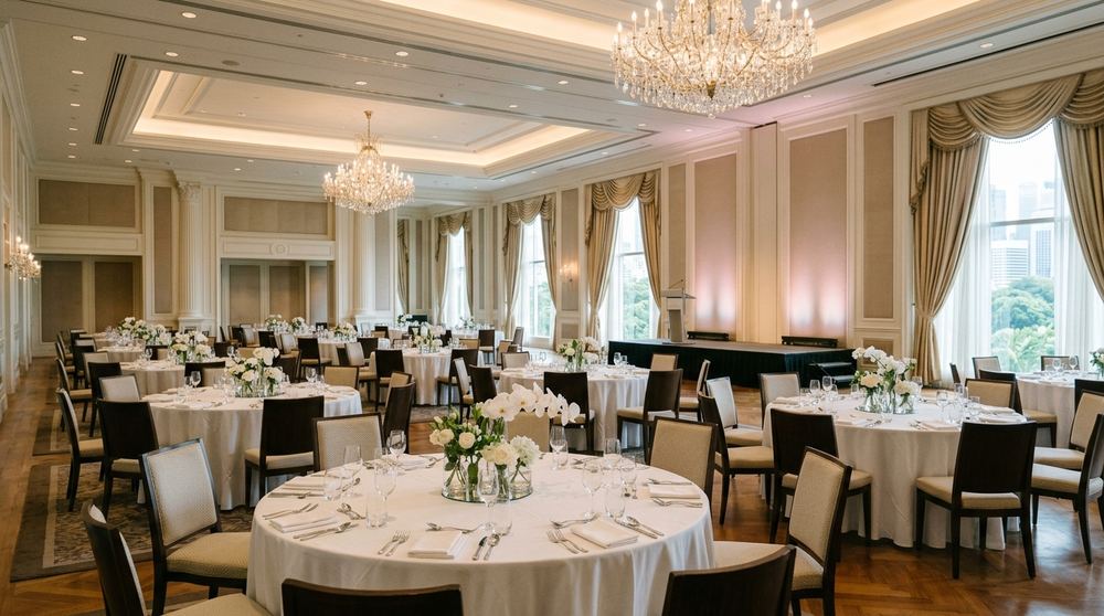 Elegant hotel ballroom in Singapore set for a corporate conference