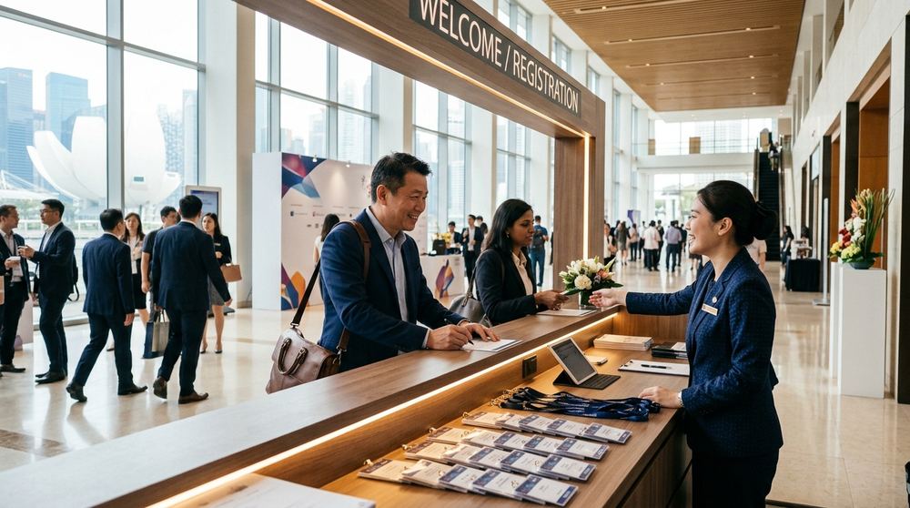 Delegate registration desk at a Singapore convention centre