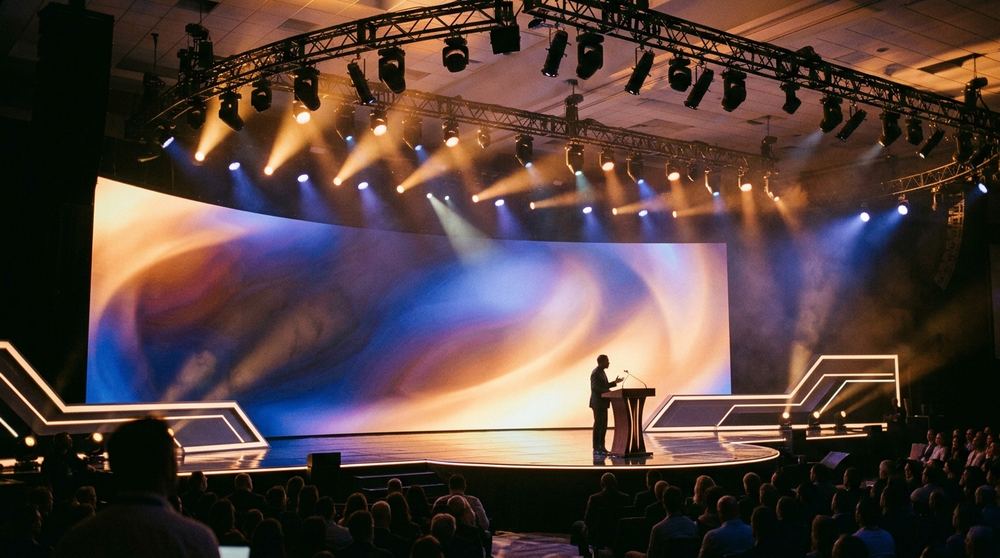 Conference stage production with LED screen and lighting rig in Singapore