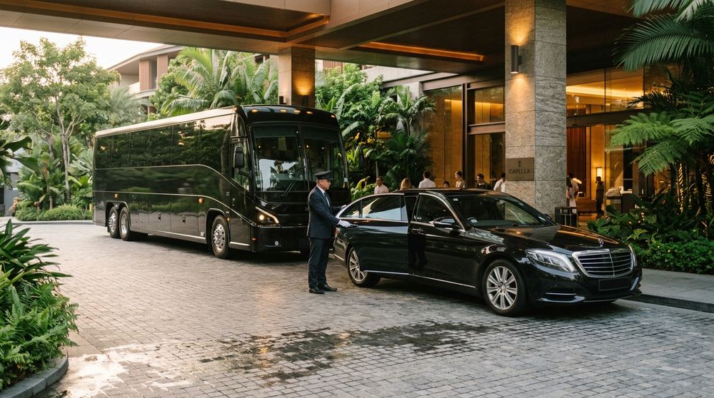 Executive coach and chauffeured sedan for delegate transfers in Singapore